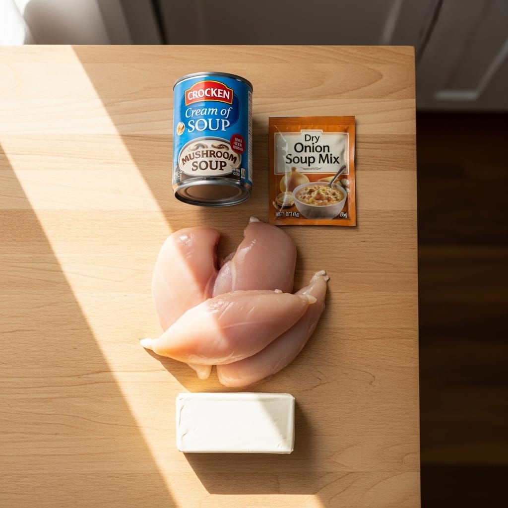 Fresh ingredients for slow cooker chicken recipe laid out on a counter