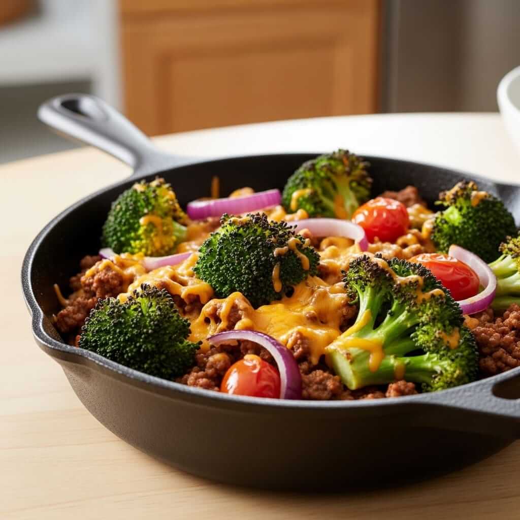 keto hamburger broccoli skillet in cast iron pan