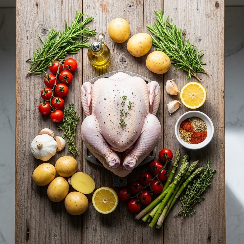 Ingredients for a rotisserie chicken dinner including the chicken, herbs, lemon, and vegetables