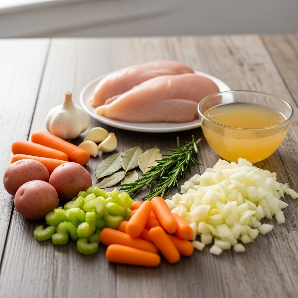 Ingredients for slow cooker chicken breast including fresh herbs, lemon, and garlic